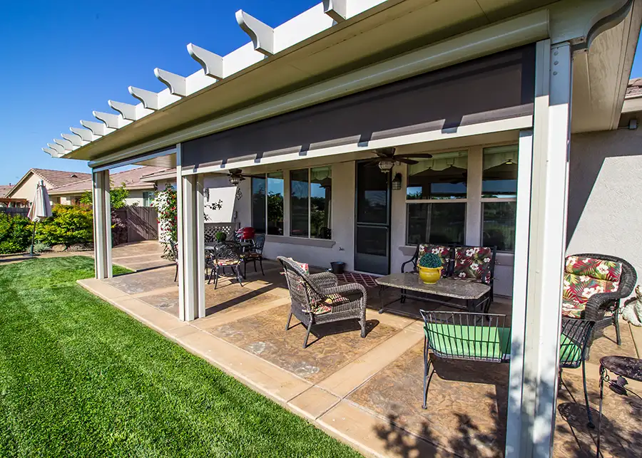 Decorative, stamped and stained concrete patio, lovely backyard of modern home - Collinsville, IL